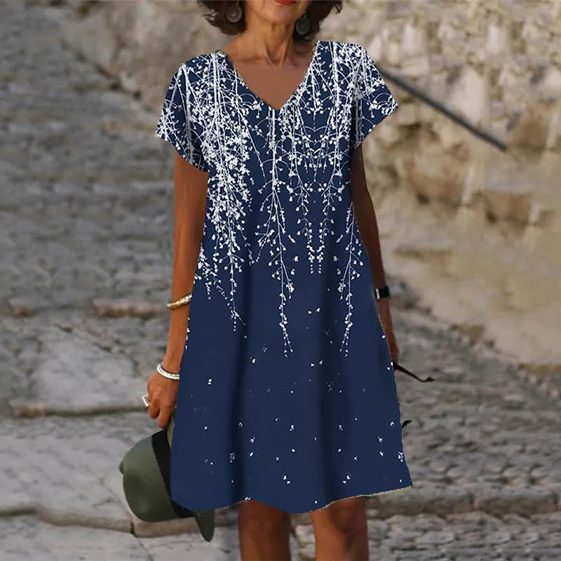 Women Fashion Casual Short Sleeve V Neck Loose Graphic Print Dress