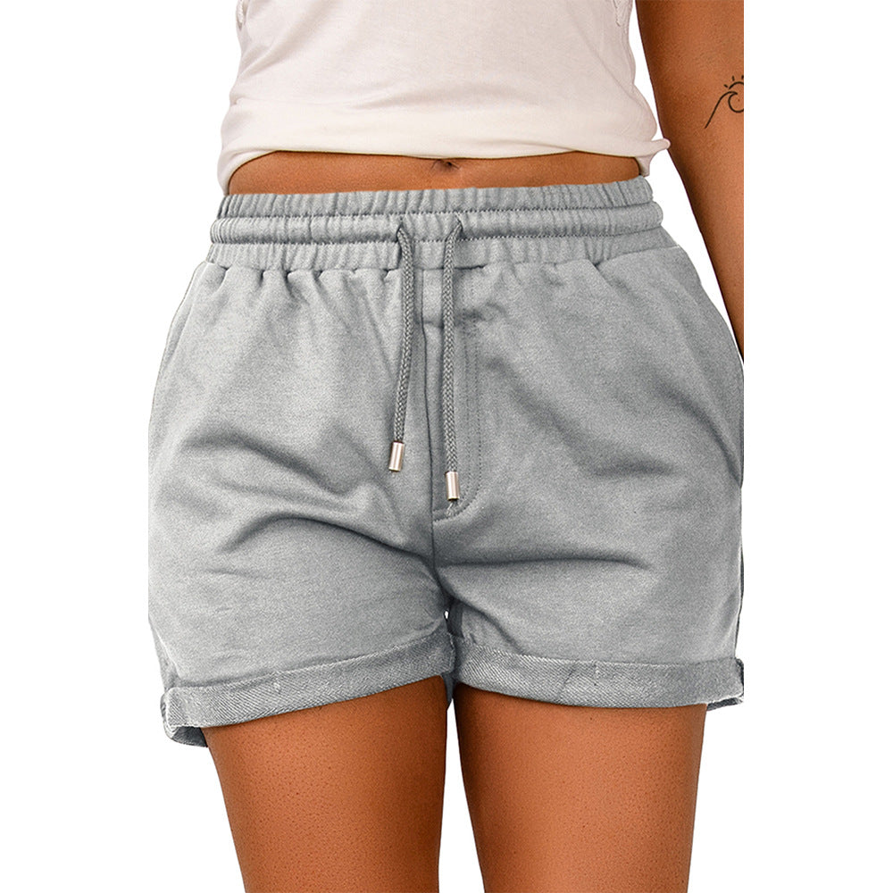 Women Casual Solid Color High Waist Elastic Belt Drawstring Bottom Hem Shorts