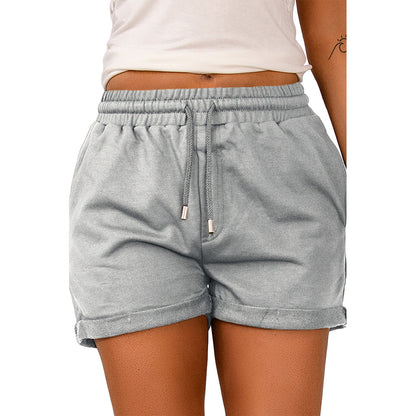Women Casual Solid Color High Waist Elastic Belt Drawstring Bottom Hem Shorts