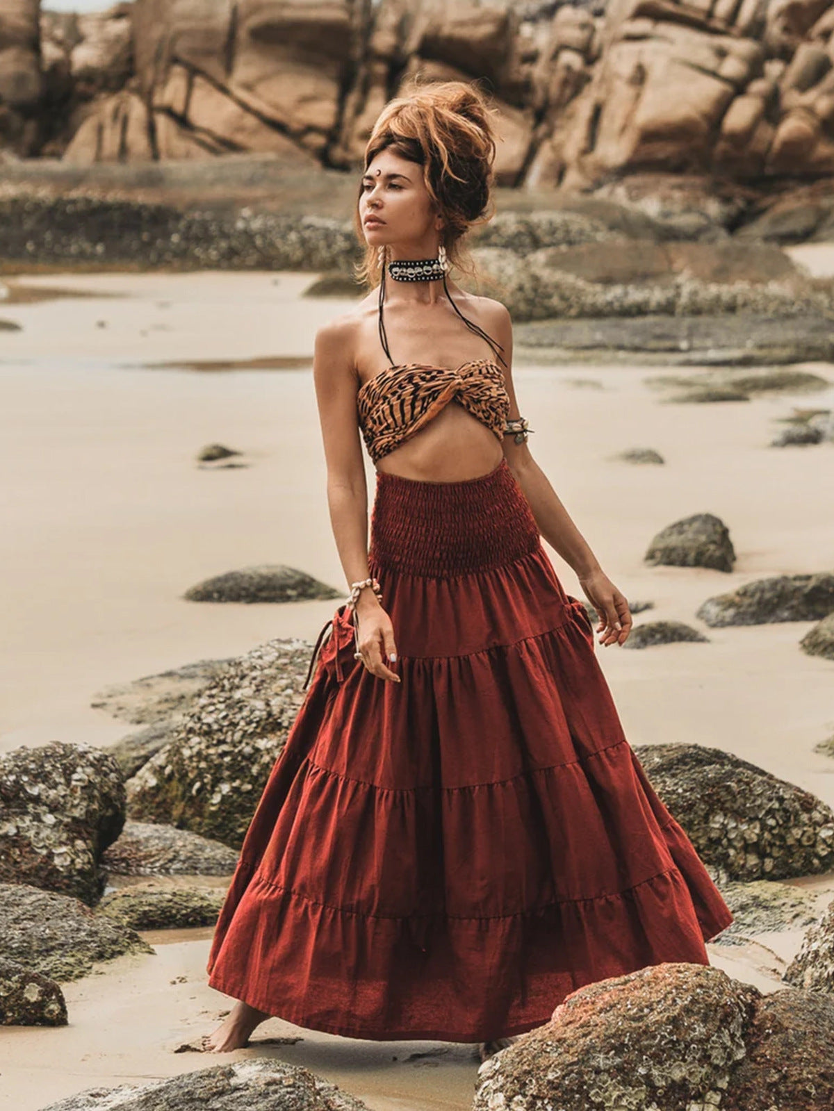 Women Casual Bohemian High Waist Loose Skirt