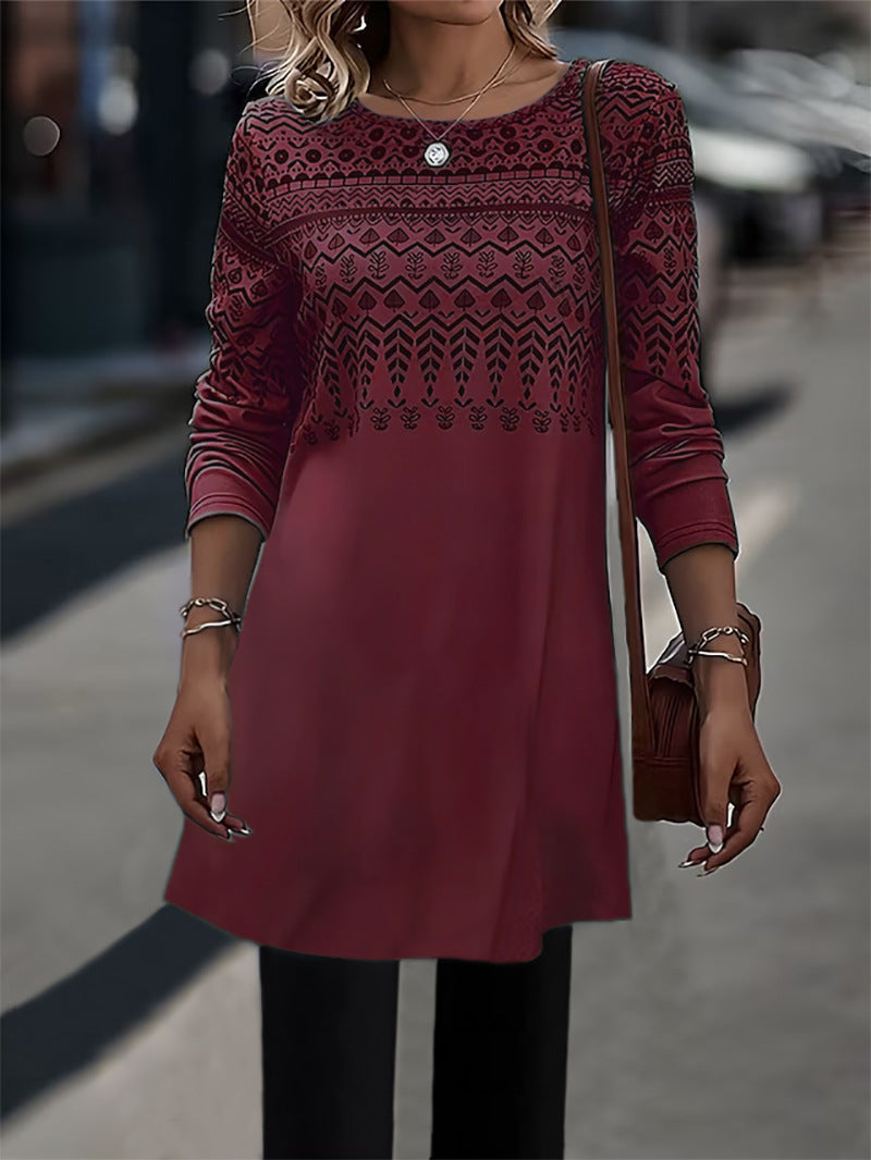 Women Fashion Casual Geometric Print Round Neck Long Sleeve Dress