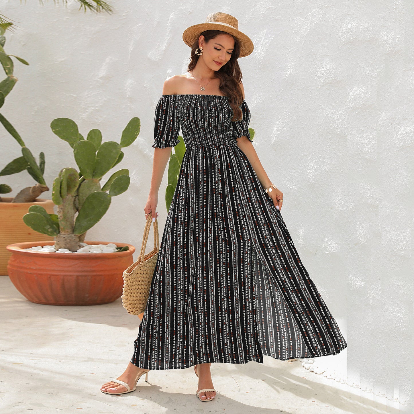 Women Summer Fashion Simple Stripe Printed Slit Waist One-Shoulder Short-Sleeved Casual Dress