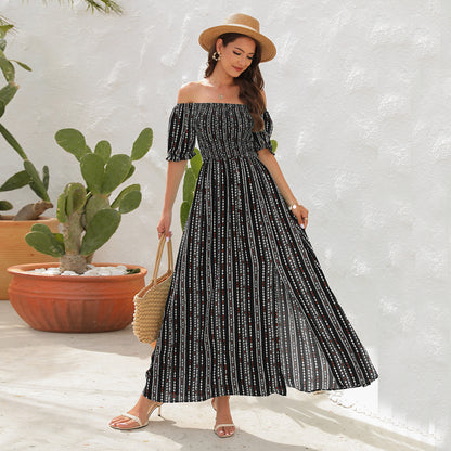 Women Summer Fashion Simple Stripe Printed Slit Waist One-Shoulder Short-Sleeved Casual Dress