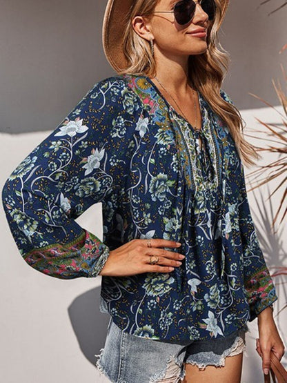 Camiseta informal de vacaciones con cuello en V y cordones para mujer