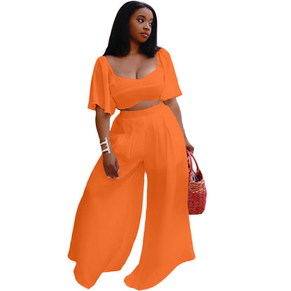 Conjunto de top corto de manga corta y pantalones anchos para mujer, elegante e informal, de color liso, con ropa interior