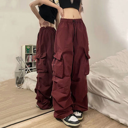Retro Casual Women Straight Loose Wide-Leg Solid Color Side Pocket Cargo Pants