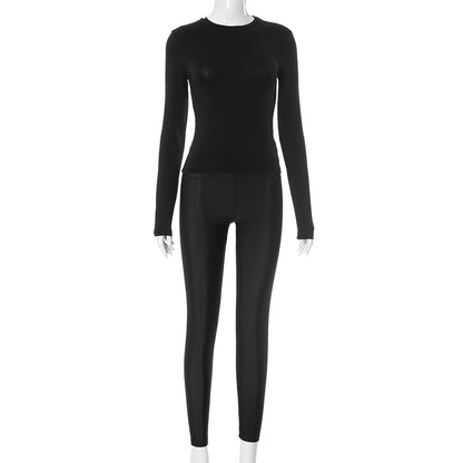 Conjunto de dos piezas formado por camiseta y pantalón de cintura alta, manga larga, cuello redondo, color liso, informal, para mujer