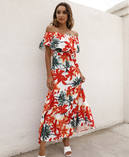 Bohemian Summer Women Casual Flower Print Off-Shoulder Ruffled Maxi Dress