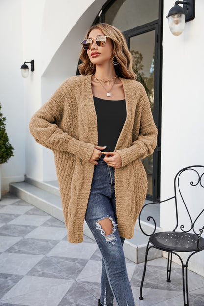 Cárdigan de punto de felpa de manga larga de color liso informal de invierno para mujer