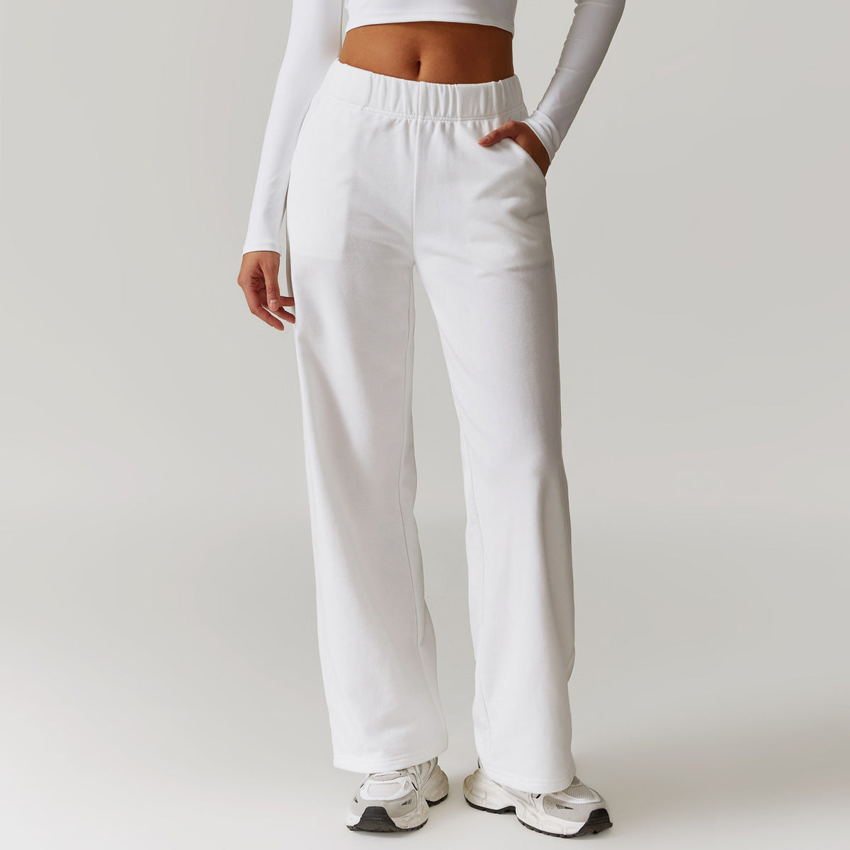 Women Fashion Casual Solid Color High Waist Pocket Sports Pants
