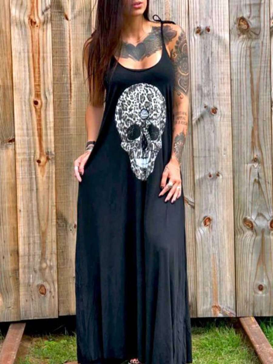 Women Casual Halloween Skull Print Loose Maxi Dress