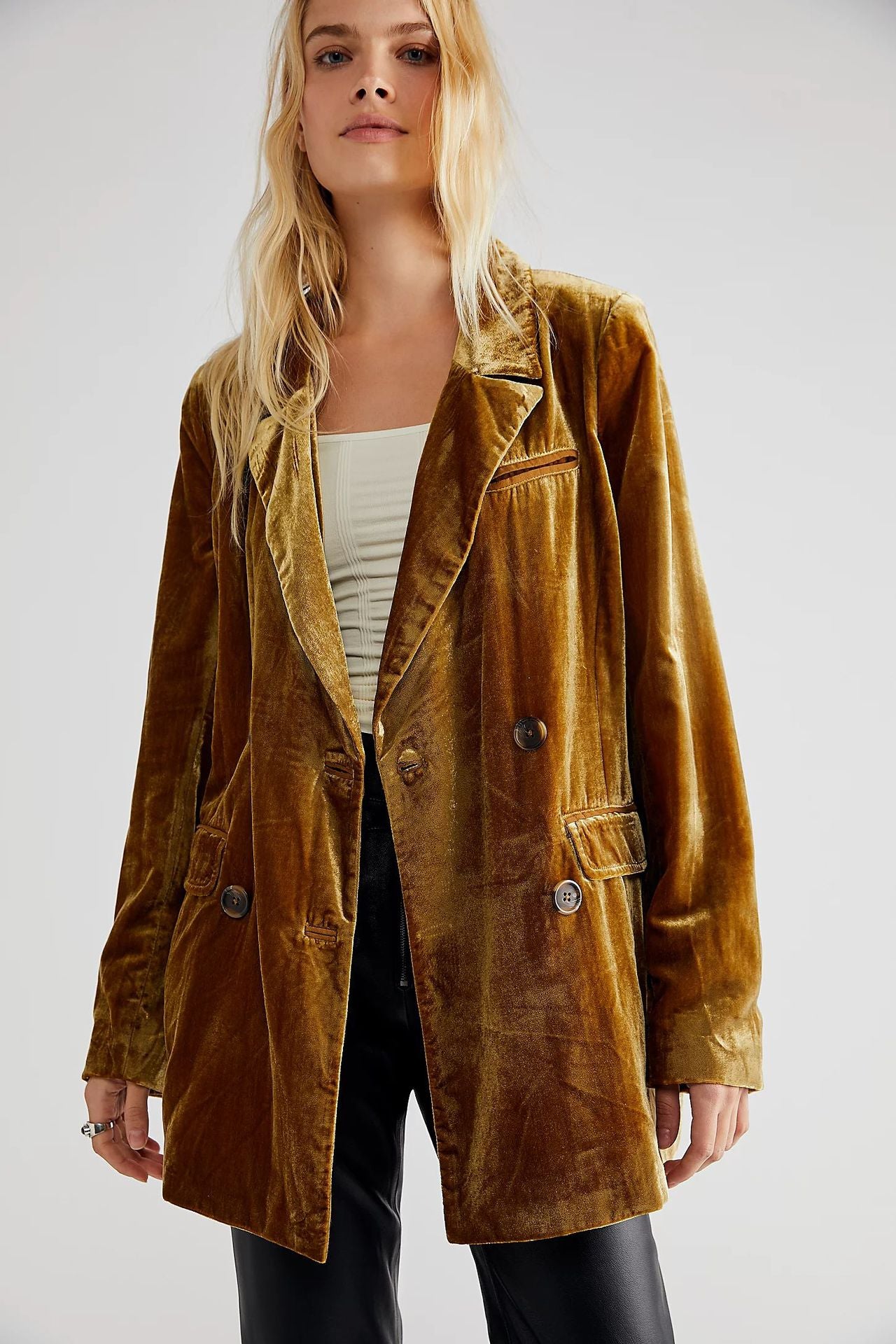 Chaqueta de traje de terciopelo dorado de color liso informal a la moda para mujer