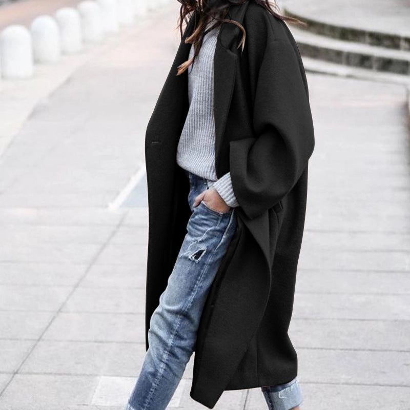 Abrigo de lana cálido de color liso largo informal para mujer, otoño e invierno