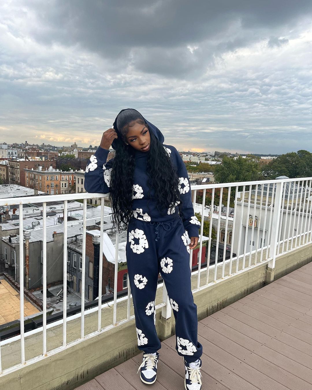 Women Fashion Casual Floral Printed Hooded Long-Sleeved Sweatshirt Pants Two-Piece Set