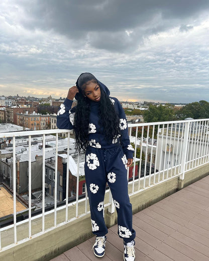 Women Fashion Casual Floral Printed Hooded Long-Sleeved Sweatshirt Pants Two-Piece Set