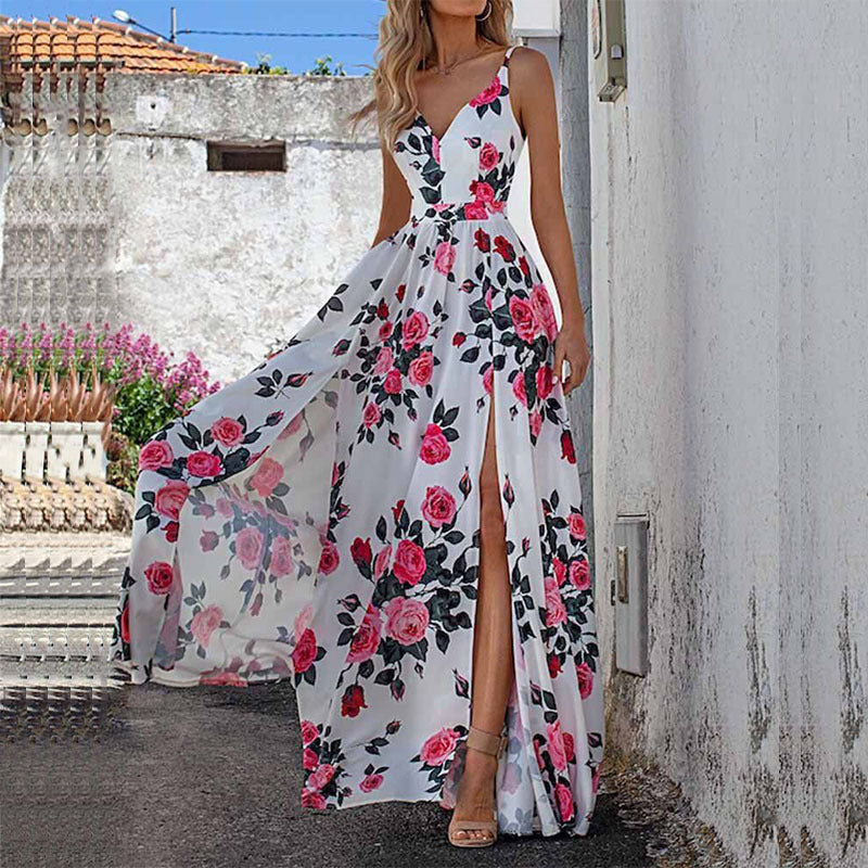 Women Fashion Casual Floral Printed V-Neck Sleeveless Split Dress