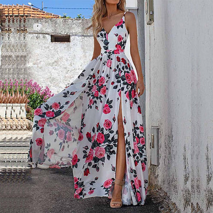 Women Fashion Casual Floral Printed V-Neck Sleeveless Split Dress