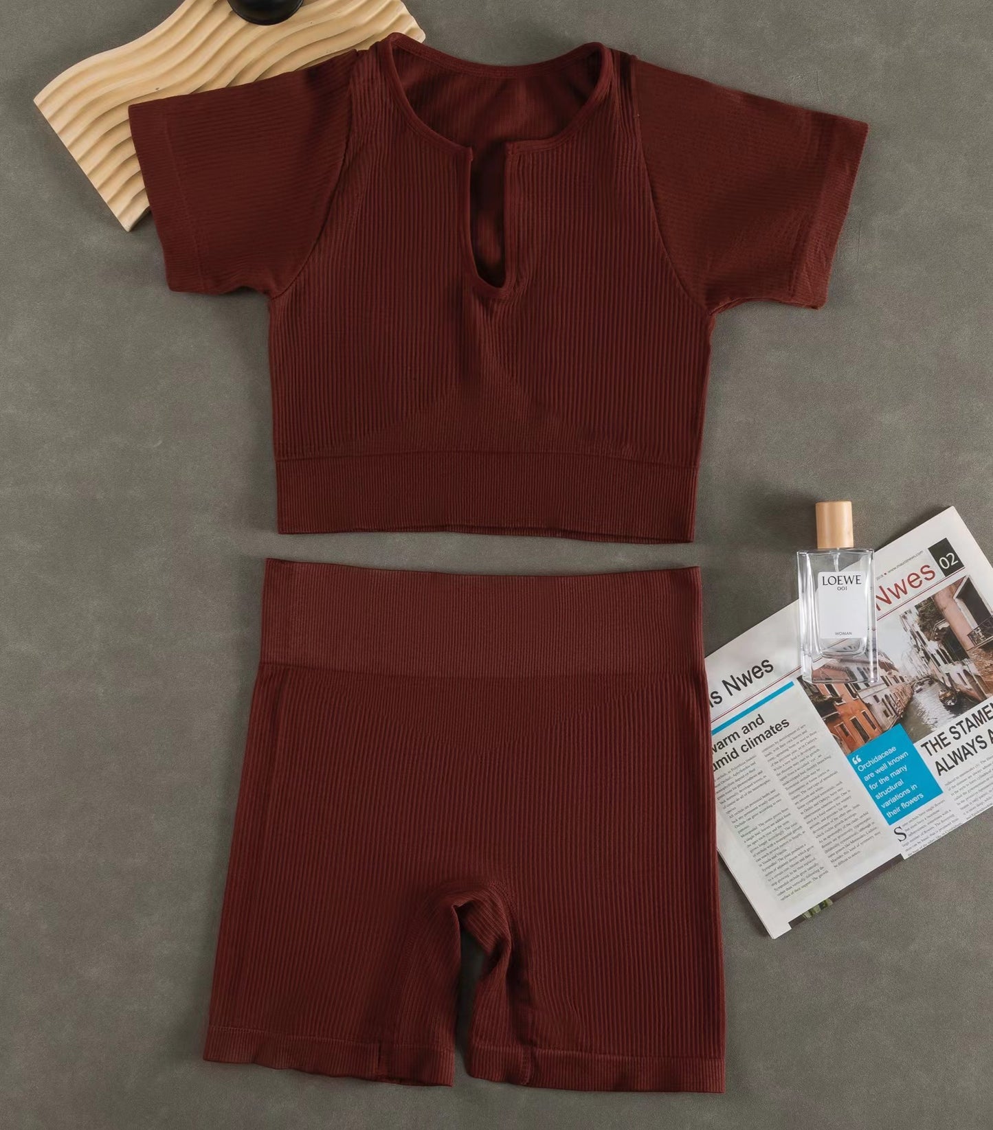 Women Fashion Casual Solid Color Sports Yoga Short Sleeve Top Shorts Set