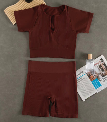 Women Fashion Casual Solid Color Sports Yoga Short Sleeve Top Shorts Set