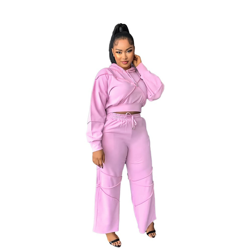 Women Athleisure Fashionable Sports Solid Color Hooded Straight Casual Pants Two-Piece Set