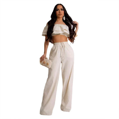 Women Fashion Casual Ruffled Off Shoulder Crop Top Drawstring Pants Two-Piece Set