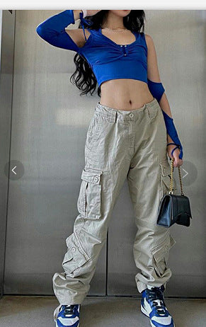Women Solid Color High Waist Pocket Loose Casual Fashion Pants