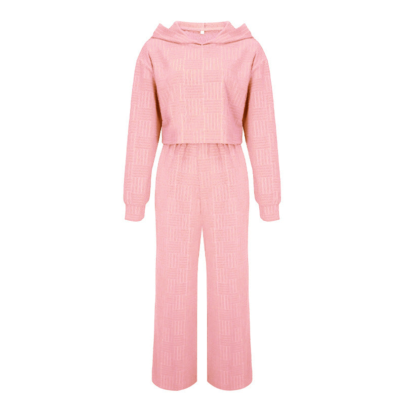 Conjunto de dos piezas informal de color liso con capucha y pantalones de pierna ancha de manga larga para mujer