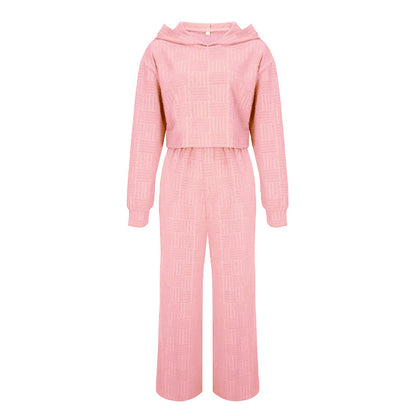 Conjunto de dos piezas informal de color liso con capucha y pantalones de pierna ancha de manga larga para mujer