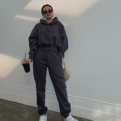 Conjunto deportivo informal para mujer, con bolsillos, color liso, manga larga, capucha y pantalones deportivos