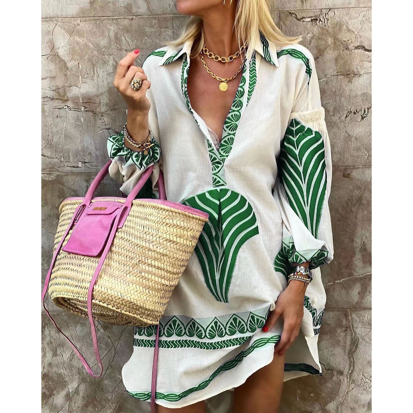 Vestido informal de manga larga con estampado geométrico y escote en V para mujer