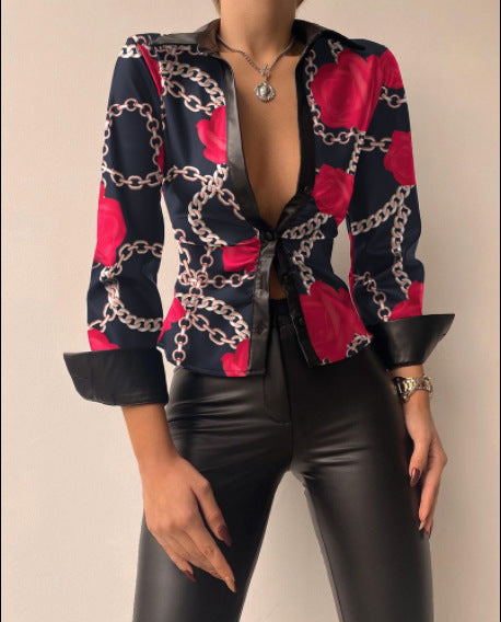 Blusa informal de manga larga con cuello en V y solapa para mujer