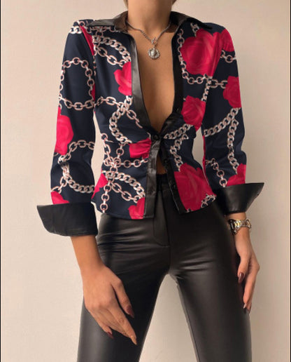Blusa informal de manga larga con cuello en V y solapa para mujer