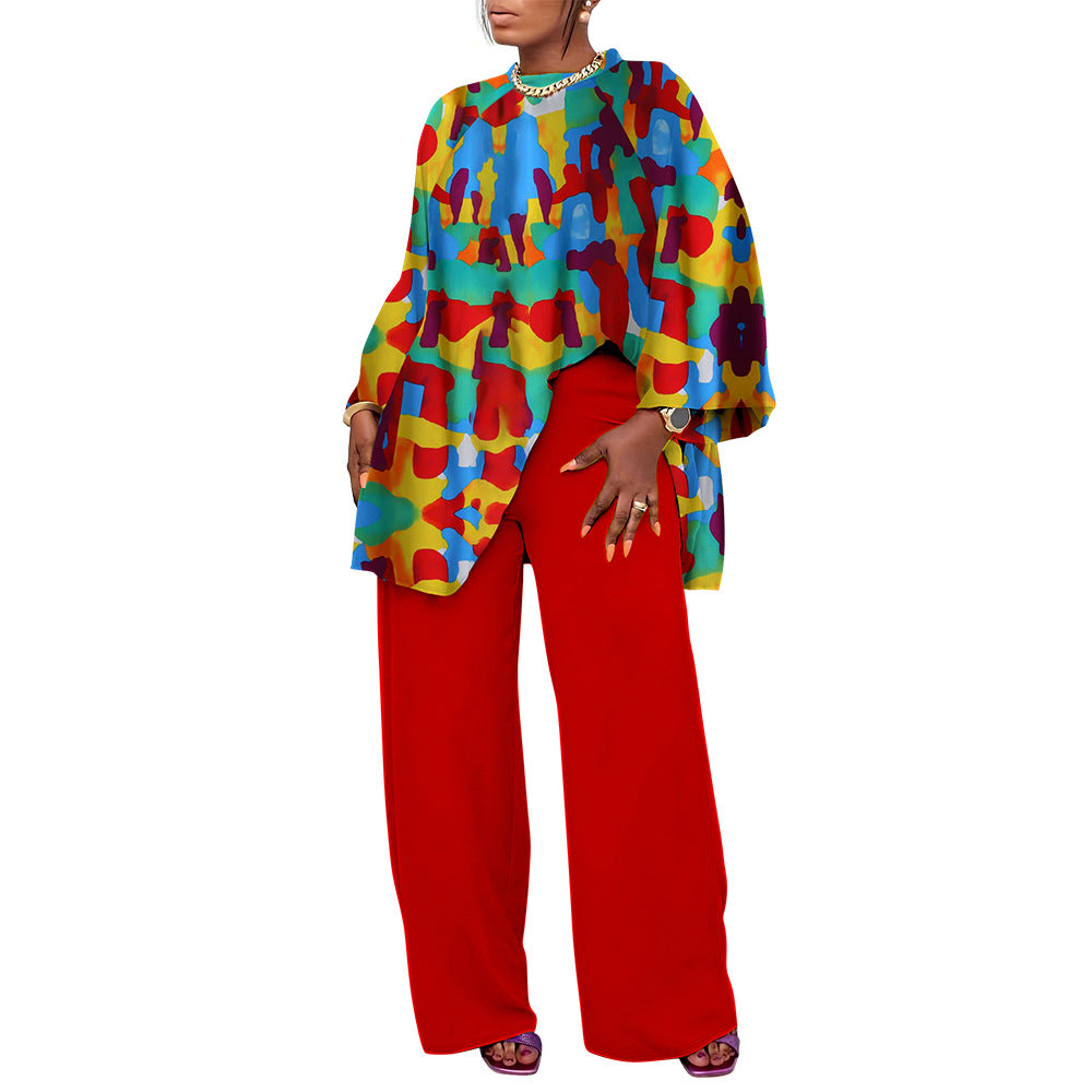 Conjunto de blusa y pantalones con estampado de talla grande informal holgado a la moda de primavera y otoño para mujer