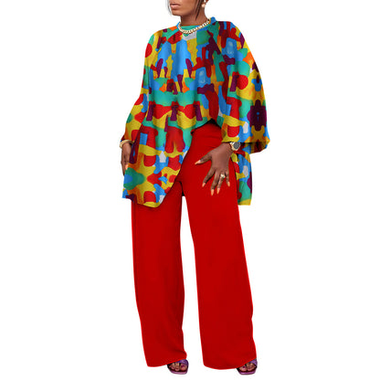 Conjunto de blusa y pantalones con estampado de talla grande informal holgado a la moda de primavera y otoño para mujer