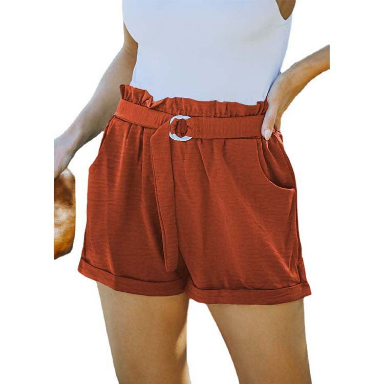 Women Loose Waist Strap Pocket Solid Color High Waist Casual Shorts