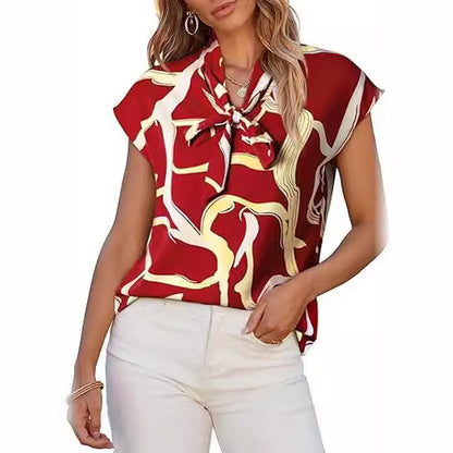 Blusa informal de verano con estampado gráfico y lazo de cinta, cuello en V y manga corta para mujer