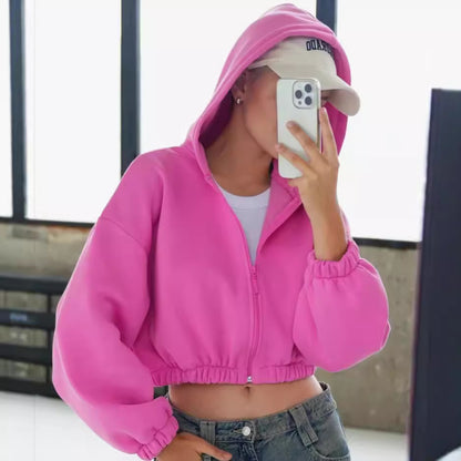 Sudadera con capucha informal de manga larga con cremallera y color liso para mujer