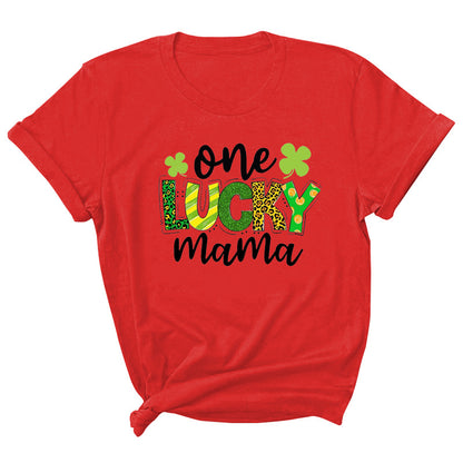 Camiseta informal de manga corta con cuello redondo y estampado de letras "One Lucky Mama" para mujer
