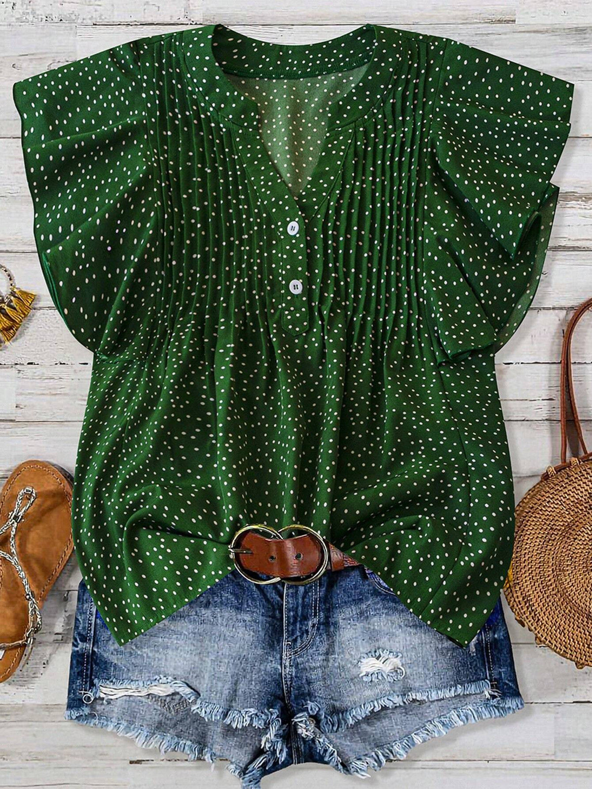 Blusa informal sin mangas con cuello en V y estampado de lunares plisados de color liso para mujer