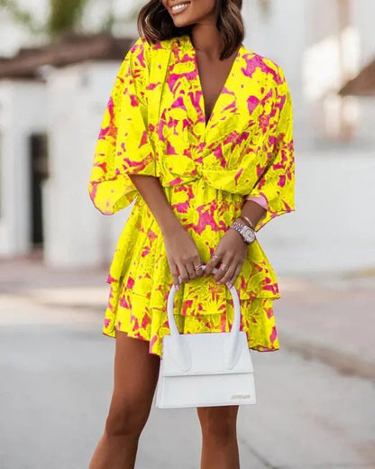 Women Fashion Casual Boho Style V-Neck Loose Dolman Sleeve Graphic Printed Dress