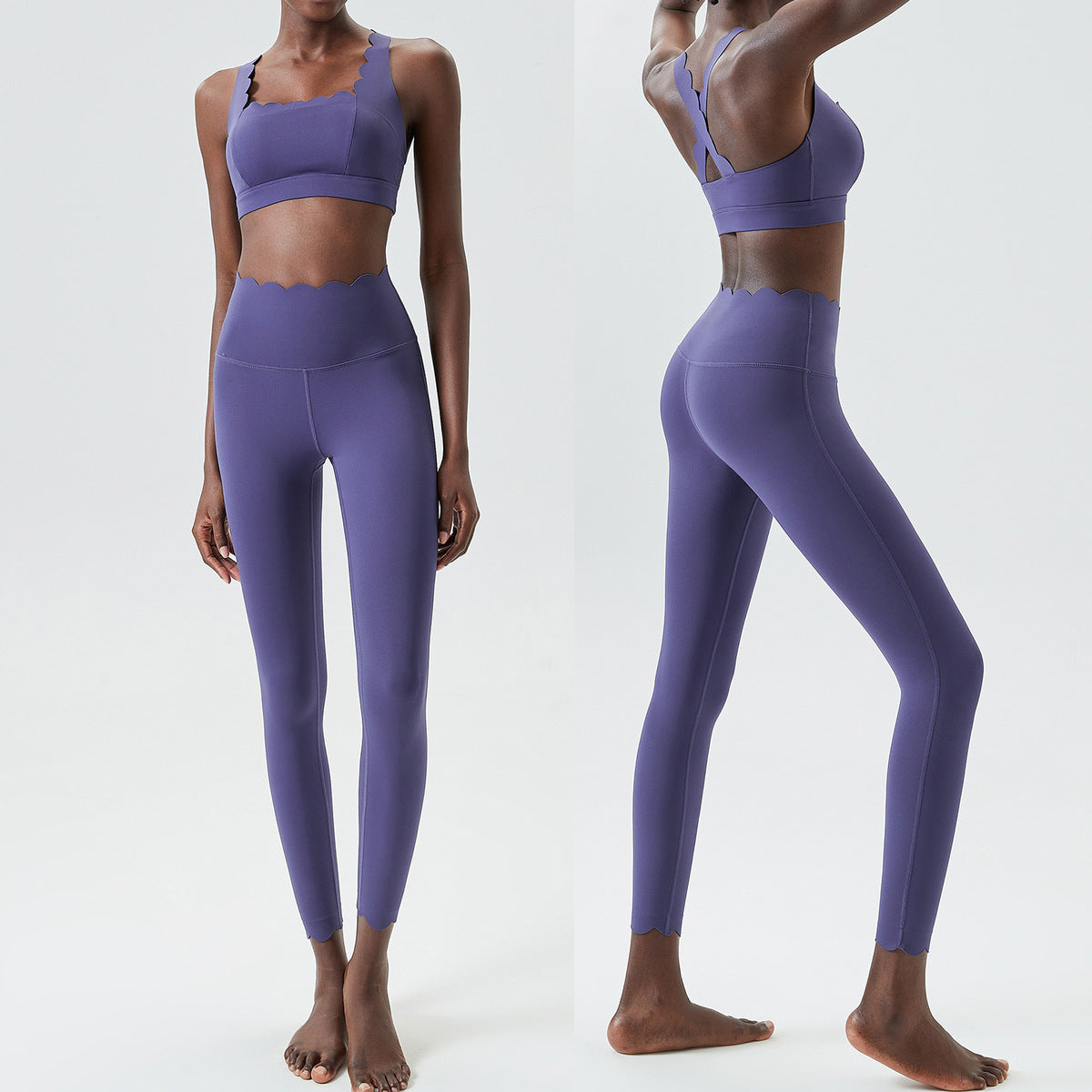 Women Casual Solid Color Liquid Glue Small Wave Sports Yoga Top Pants Two-Piece Set