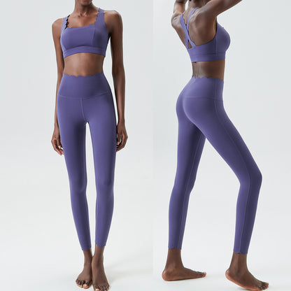 Women Casual Solid Color Liquid Glue Small Wave Sports Yoga Top Pants Two-Piece Set