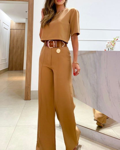 Conjunto de 2 piezas de camiseta corta informal de verano para mujer con manga corta y pantalones anchos de cintura alta