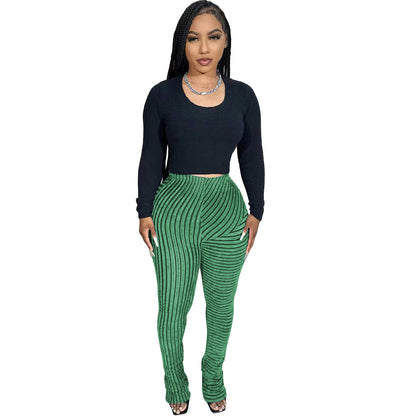 Women Plush Stripe Texture Breathable Large Elastic Fashion Casual Slim-Fit Pants
