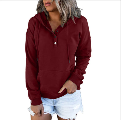 Sudadera con capucha básica informal de manga larga con bolsillo suelto y cuello en V para mujer