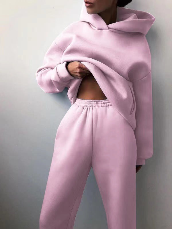Conjunto de dos piezas de sudadera y pantalón de manga larga grueso de color liso para mujer, informal, de invierno