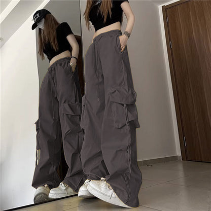 Women Casual Solid Color Pocket High Waist Straight Cargo Pants