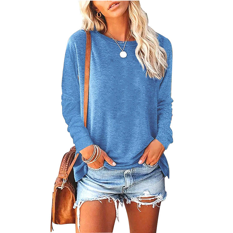 Camiseta informal holgada de manga larga con cuello redondo para mujer