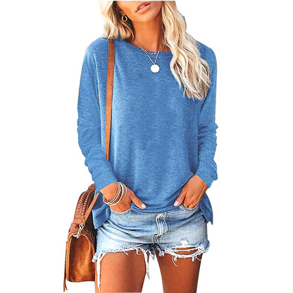 Camiseta informal holgada de manga larga con cuello redondo para mujer