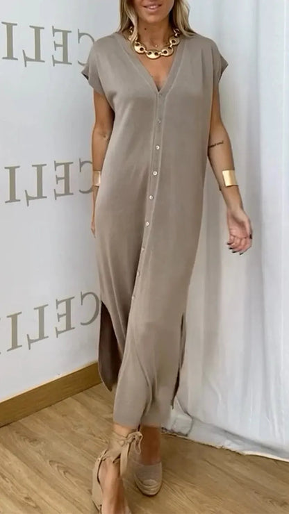 Women Casual Solid Color V-Neck Short Sleeve Single Breasted Split Dress